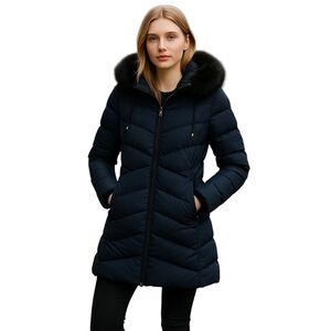 Tahari Insulted Faux Fur Trim Winter Puffer Navy Coat Small Preowned